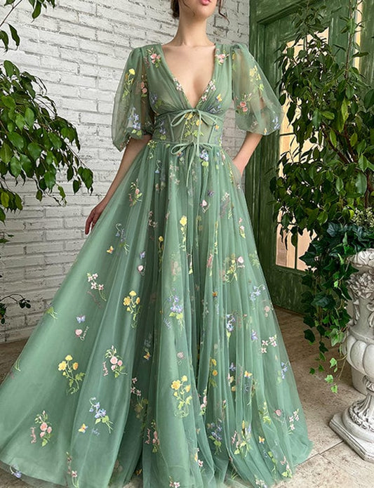 Robe de Soirée Vert en Tulle à Fleurs