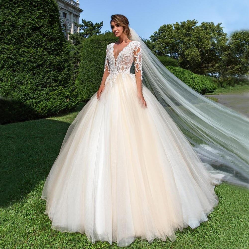 Vestido De Noiva V-Neck Appliques Tulle Ball Gown Beads Long Sleeve Wedding Dresses 2020 Rochii De Mireasa