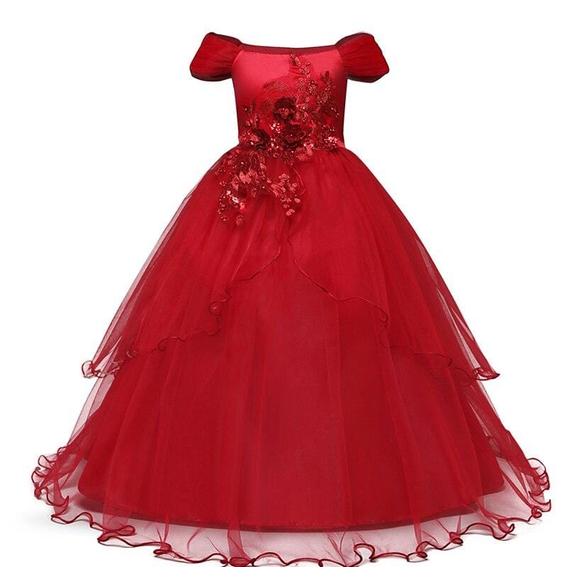 Robe Princesse Rouge Épaules Bouffantes