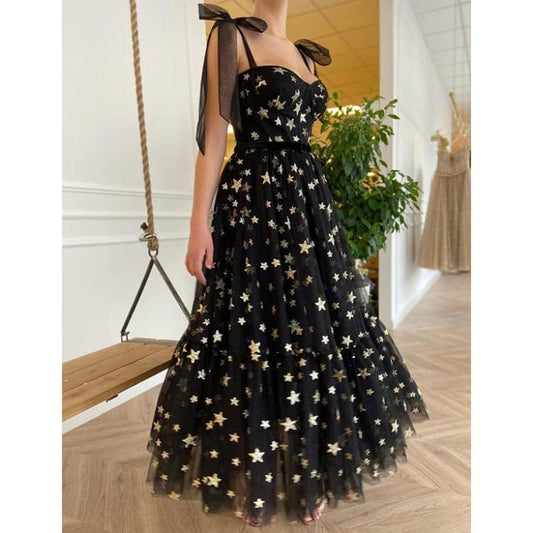 Robe de Bal Longue Noir en Tulle avec Étoiles