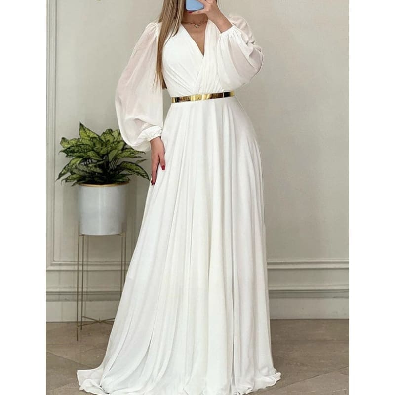 Robe de Soirée Blanc à Manches Longues et Col en V