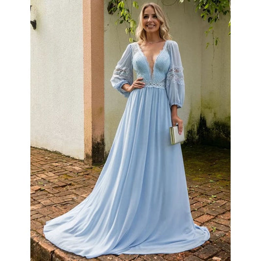 Robe de Soirée Bleu Ciel à Manches Longues