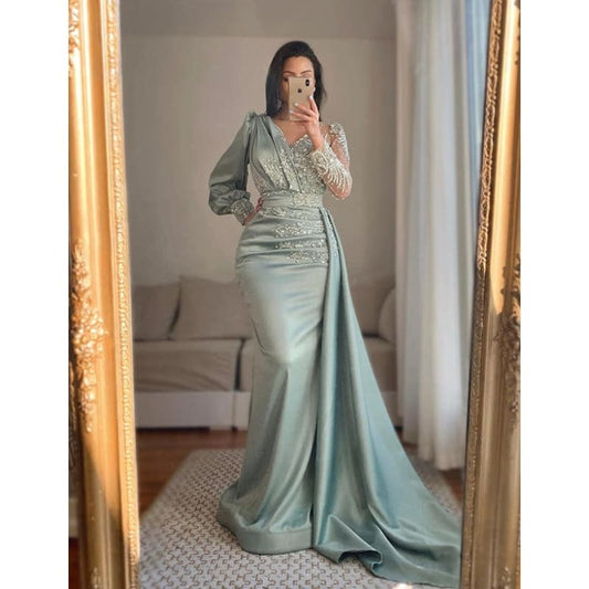 Robe de Soirée Brodée en Satin Vert Sirène