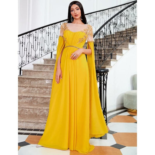 Robe de Soirée Jaune avec Broderie Dorée