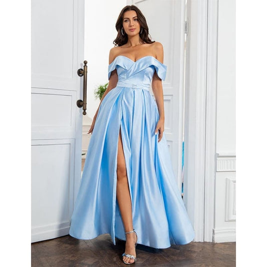 Robe de Soirée Longue Bleu à Épaules Dénudées