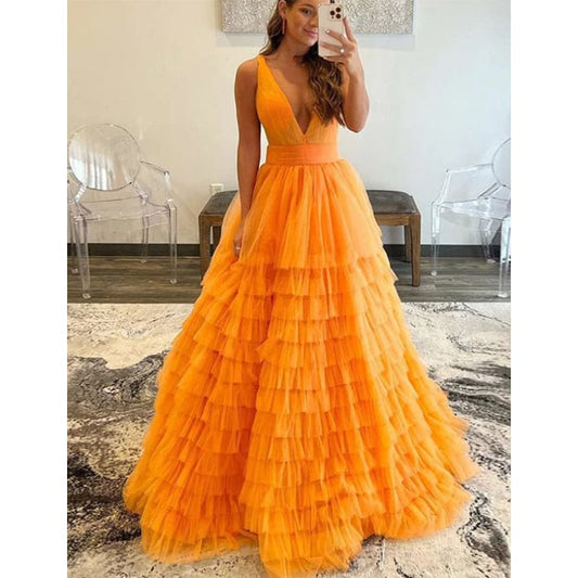 Robe de Soirée Longue en Tulle à Col en V Orange