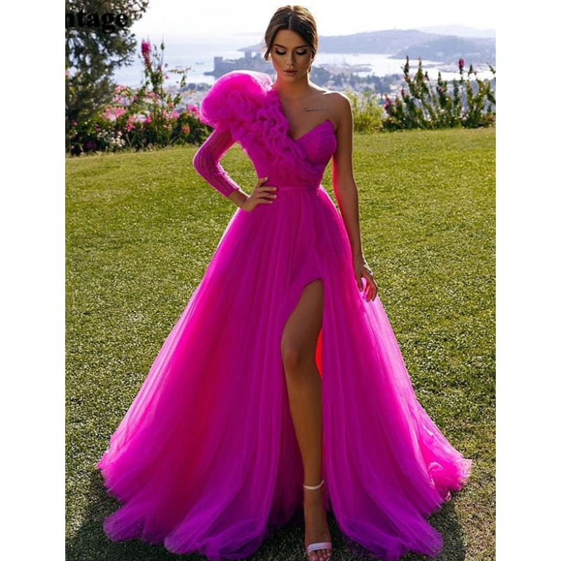 Robe de Soirée Longue Fuchsia à Une Épaule