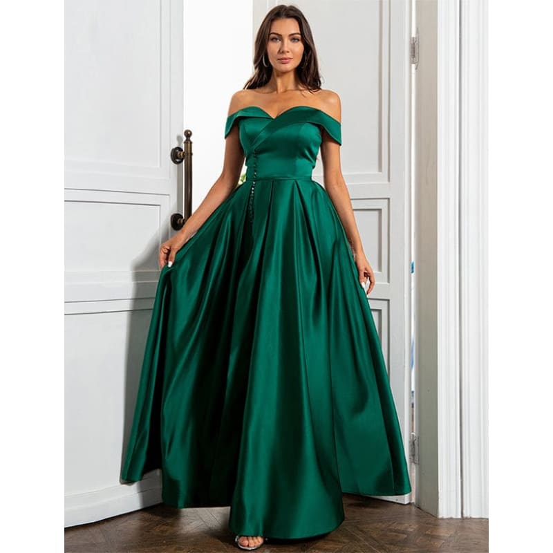 Robe de Soirée Longue Vert Foncé à Épaules Dénudées