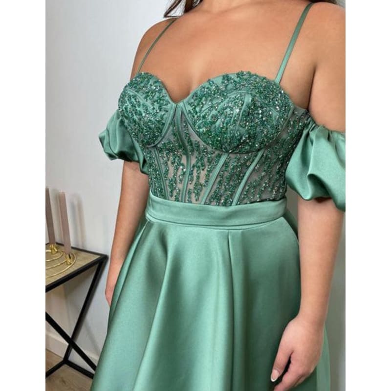 Robe de Soirée Vert en Cœur avec Manches Amovibles